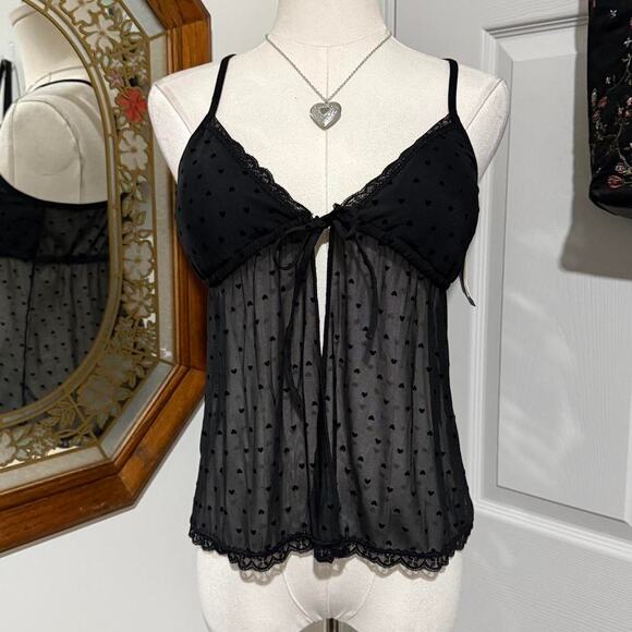 Jessica Simpson Other - NWT Jessica Simpson Black Heart Sheer Mesh Lace Trim Open Tie Front Cami Top M